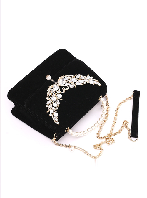 Elegant Retro Swan Lake Black Velvet Pearl Shoulder Bag