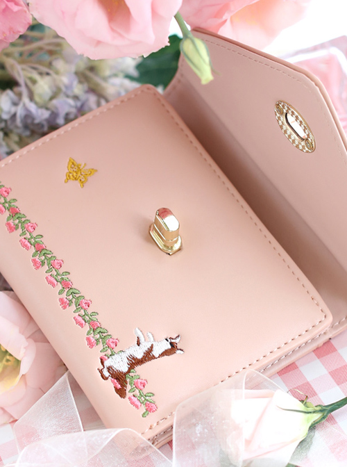 Cat And Flower Vine Embroidery Pink Lolita Short Wallet