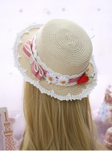 Plaid Bowknot Cute Strawberry Lolita Straw Hat