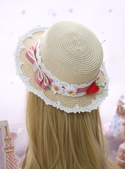 Plaid Bowknot Cute Strawberry Lolita Straw Hat