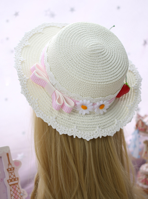 Plaid Bowknot Cute Strawberry Lolita Straw Hat