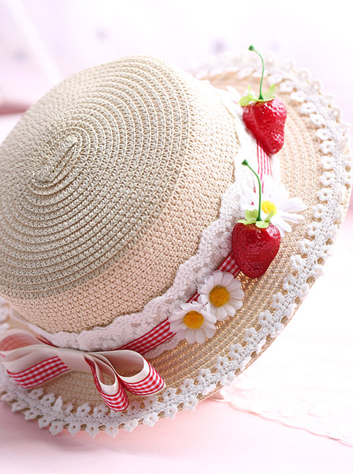 Plaid Bowknot Cute Strawberry Lolita Straw Hat