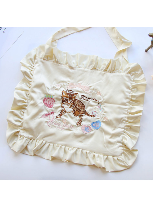 Cat Strawberry Embroidered Square Ruffles Satin Lolita Shoulder Bag