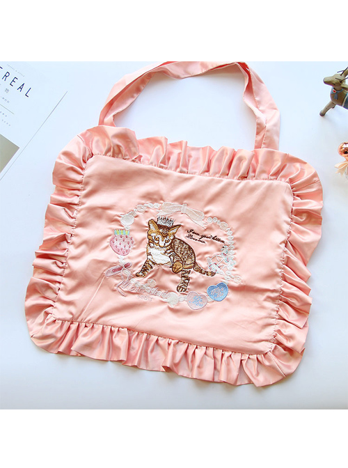 Cat Strawberry Embroidered Square Ruffles Satin Lolita Shoulder Bag