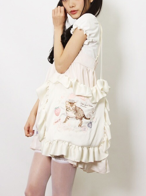 Cat Strawberry Embroidered Square Ruffles Satin Lolita Shoulder Bag