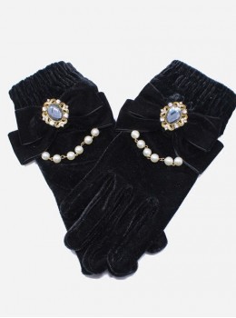 Elegant Velvet Bowknot Bead Chain Gothic Lolita Gloves
