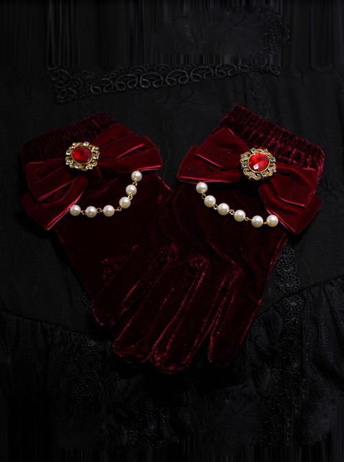 Elegant Velvet Bowknot Bead Chain Gothic Lolita Gloves