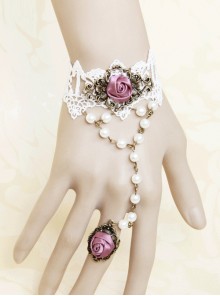 White Lace Retro Rose Lolita Bracelet And Finger Ring One Chain Set