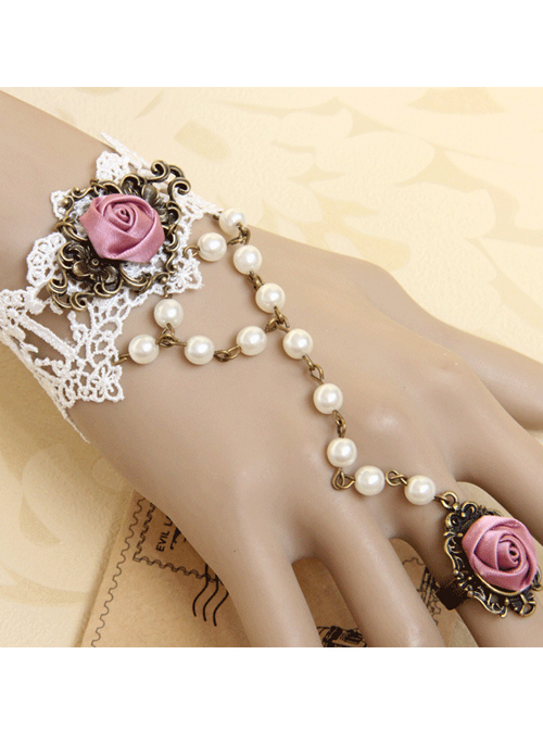 White Lace Retro Rose Lolita Bracelet And Finger Ring One Chain Set