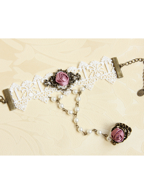 White Lace Retro Rose Lolita Bracelet And Finger Ring One Chain Set