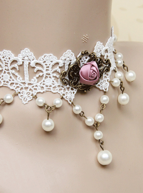 White Lace Retro Rose Pearls Lolita Necklace