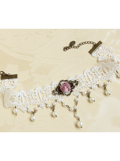 White Lace Retro Rose Pearls Lolita Necklace