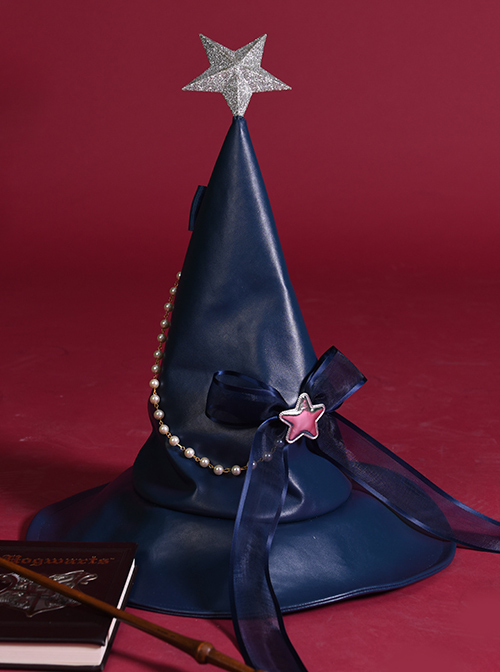 Silver Star Halloween Navy Blue Gothic Lolita Witch Hat