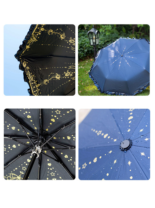 Starry Sky Gilding Classic Lolita Fold Vinyl Umbrella Clear Rain Dual-purpose