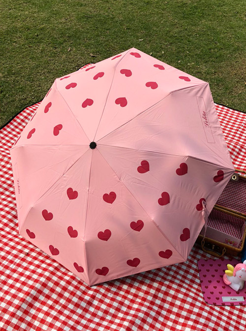 Pink Heart Pattern Sweet Lolita Fold Ultraviolet-proof Umbrella