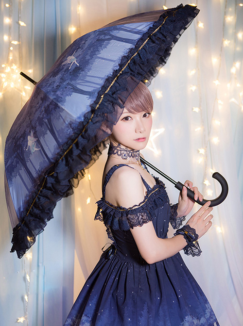 Fairies And Forest Series Navy Blue Lace Classic Lolita Straight Shank Umbrella