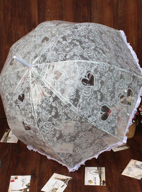 White Transparent Lace Printing Retro Lolita Automatic Long Handle Umbrella