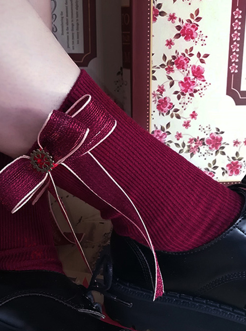 Red Bowknot Christmas Lolita Long Socks