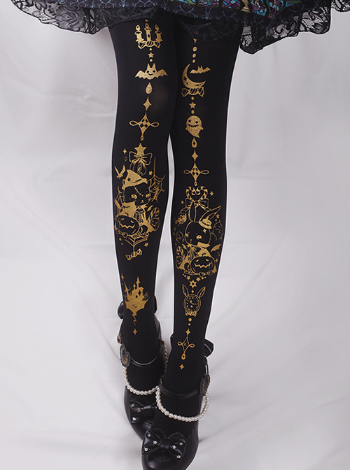 Rabbit's Halloween Series Golden Printing Black Gothic Lolita Pantyhose