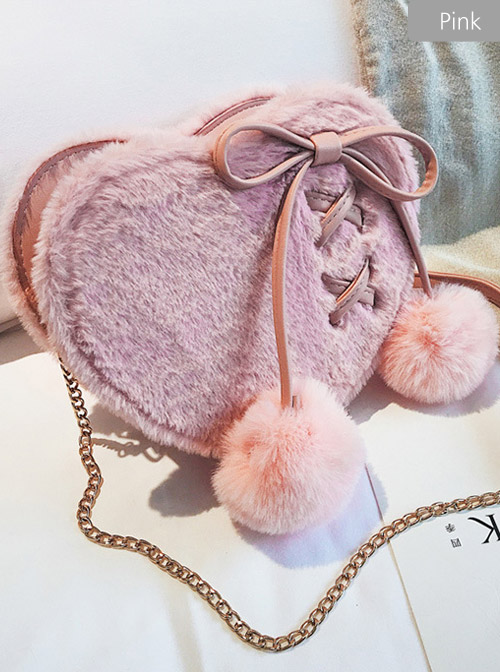 Love Heart-shape Cute Lace-up Plush Ball Sweet Lolita Shoulder Bag