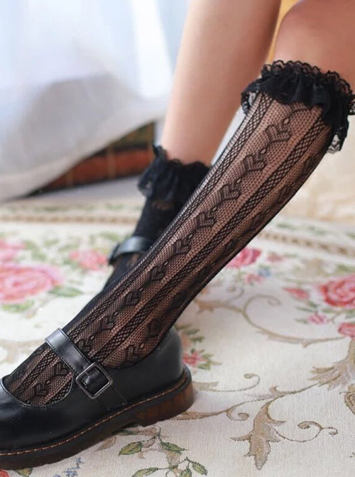 Black Or White Hollowed Out Love Heart-shape Lace Lolita Middle Tube Socks