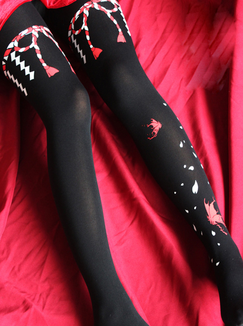 The Witch's Tears Series Butterfly Petal Printing 120D Classic Lolita Black Or White Pantyhose