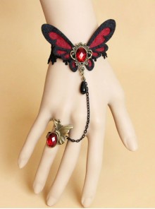 Black And Red Butterfly Lace Gothic Bracelet And Finger Ring Set