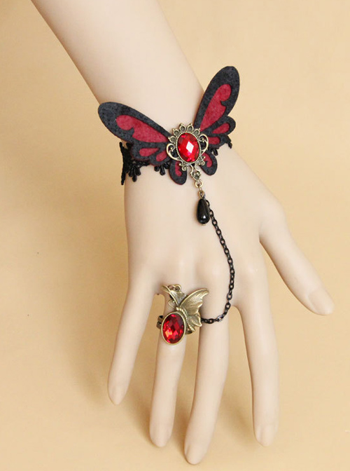 Black And Red Butterfly Lace Gothic Bracelet And Finger Ring Set