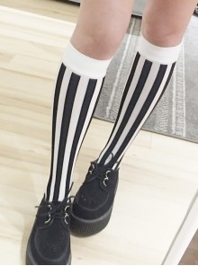 Black And White Vertical-stripes Lolita Mid stockings