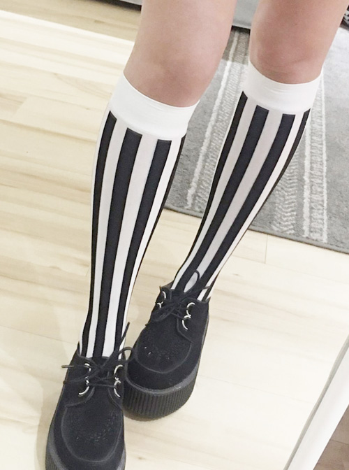 Black And White Vertical-stripes Lolita Mid stockings