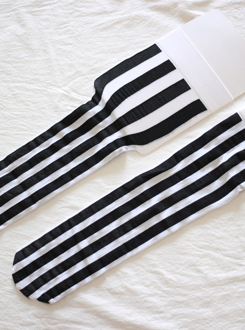 Black And White Vertical-stripes Lolita Mid stockings