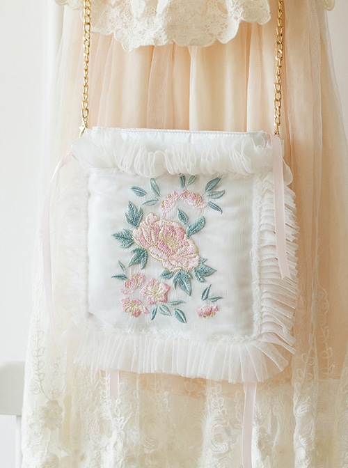 Chinese Style Retro Flowers Embroidery Qi Lolita White Lace Pillow Bag