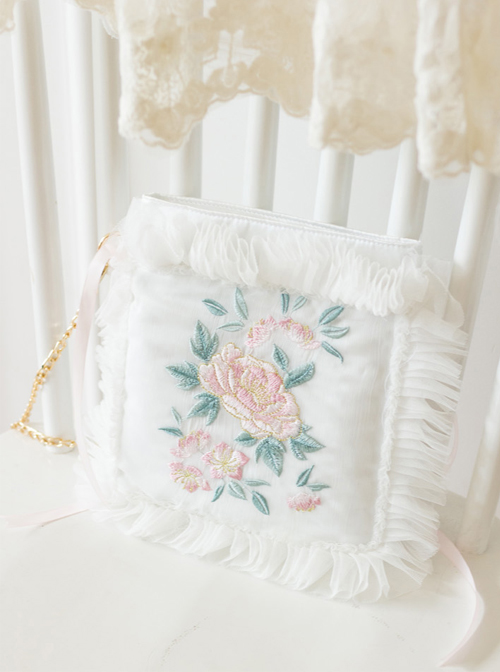 Chinese Style Retro Flowers Embroidery Qi Lolita White Lace Pillow Bag