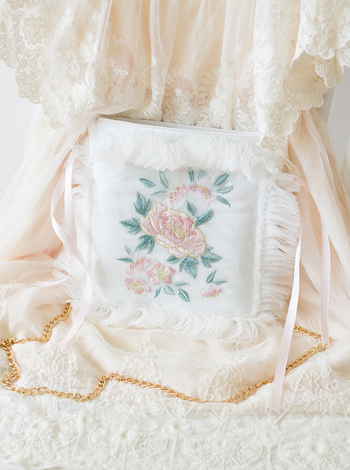 Chinese Style Retro Flowers Embroidery Qi Lolita White Lace Pillow Bag