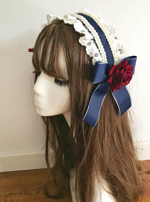 Vintage Ornate Red Rose Navy Blue Bowknot Classic Lolita Hairband