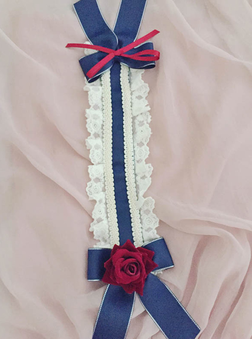 Vintage Ornate Red Rose Navy Blue Bowknot Classic Lolita Hairband