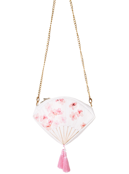 White Peach Blossom Fan Shaped Chinese Style Tassel Pendant Lolita Aslant Bag