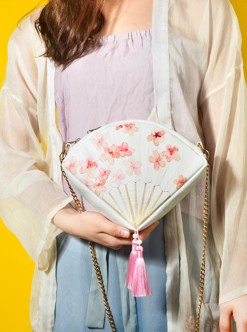 White Peach Blossom Fan Shaped Chinese Style Tassel Pendant Lolita Aslant Bag