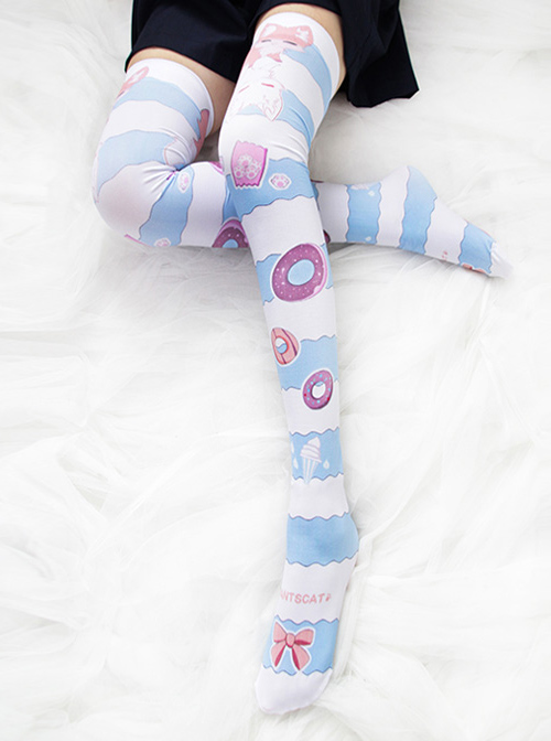 Little Fox Fairy's Donut Series Printing Stripes Sweet Lolita Knee-length Stockings