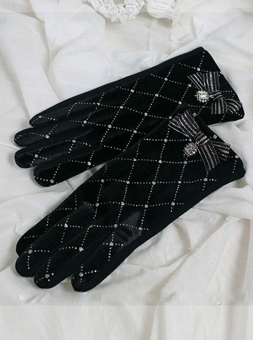 Gold Velvet Retro Elegant Rhinestone Bowknot Classic Lolita Touch Screen Gloves