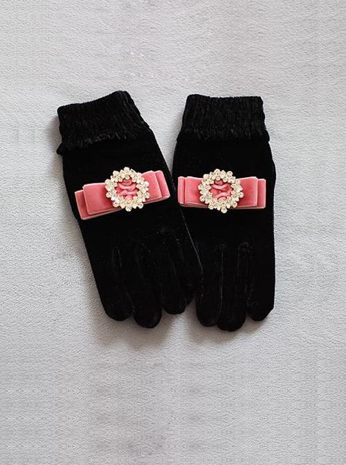 Round Rhinestone Retro Small Bowknot Classic Lolita Velvet Gloves
