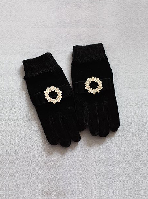 Round Rhinestone Retro Small Bowknot Classic Lolita Velvet Gloves