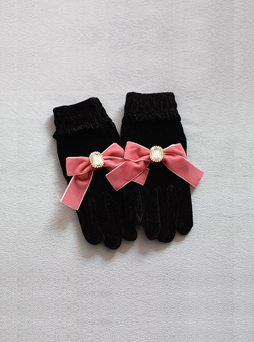 Square Rhinestone Retro Big Bowknot Classic Lolita Velvet Gloves