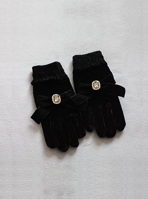 Square Rhinestone Retro Big Bowknot Classic Lolita Velvet Gloves