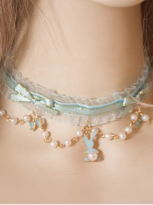 Rabbit Tea Party Series Peppermint Green Bowknot Pearl Sweet Lolita Short Necklace