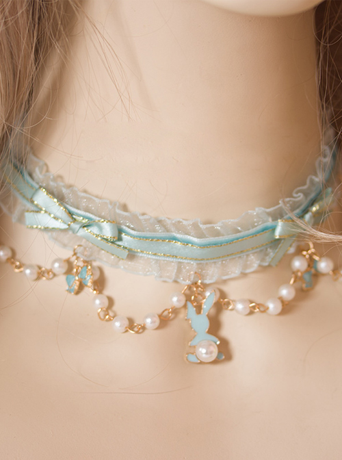 Rabbit Tea Party Series Peppermint Green Bowknot Pearl Sweet Lolita Short Necklace