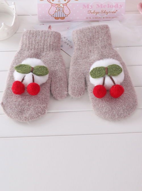 Cherry Plush Ball Rabbit-hair Knit Sweet Lolita Total Finger Gloves