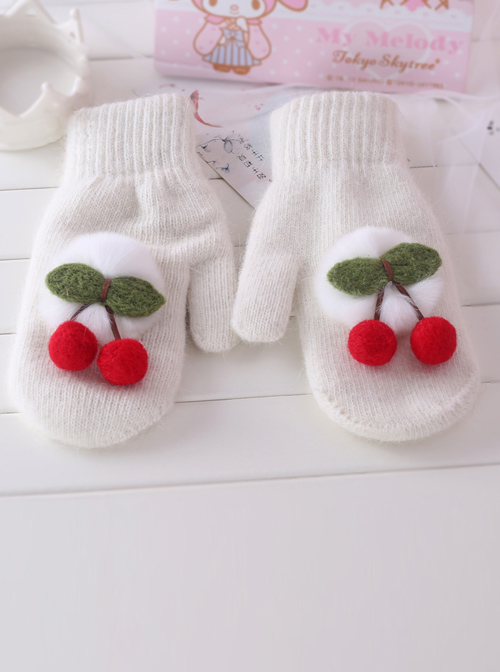 Cherry Plush Ball Rabbit-hair Knit Sweet Lolita Total Finger Gloves