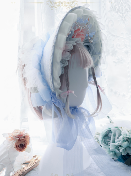 White Feather Blue Yarn Bowknot Classic Lolita Bonnet