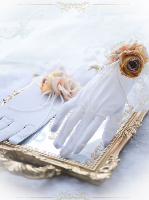 Bead Chain Elegant Rose White Classic Lolita Gloves